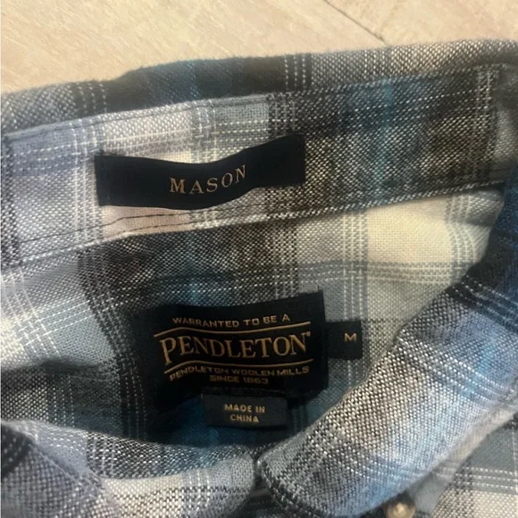 Pendleton Mason Plaid Flannel Shirt Blue Gray Black White Cotton Medium Men’s - Picture 2 of 6